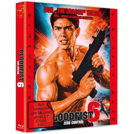 „Bloodfist 6: Zero Control“, Illustration mit muskulösem Mann, rotes Warnschild: „Nicht freigegeben unter 18 Jahren“.