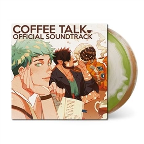 "COFFEE TALK OFFICIAL SOUNDTRACK". Illustration von drei Personen in entspannter Café-Atmosphäre, Vinyl im Hintergrund.