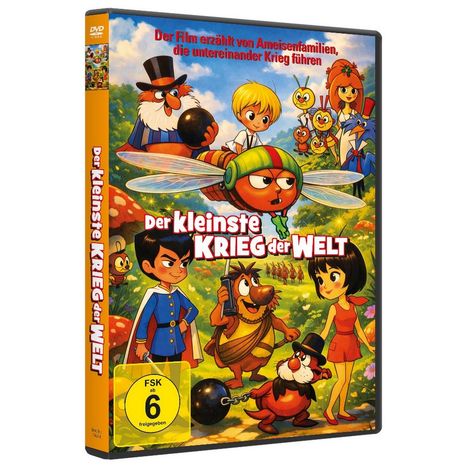 Oberer Text: "Der Film erzählt von Ameisenfamilien, die untereinander Krieg führen." Zentraler Titel: "Der kleinste KRIEG der WELT". Bunte Comicfiguren in einer Waldszene, inklusive einer fliegenden Kreatur und fröhlichen Tieren.
