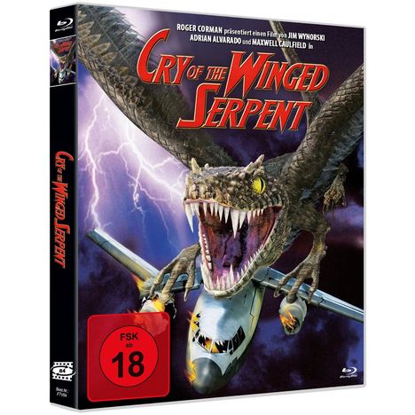 Text: "Cry of the Winged Serpent", "FSK ab 18". Ein geflügelter Drache greift ein Flugzeug an.