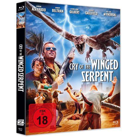 "CRY OF THE WINGED SERPENT". Menschen mit Waffen, fliegende Kreatur, dramatische Szene. FSK 18 Logo sichtbar.
