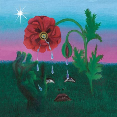 Gemälde einer roten Blume mit Tränen. Eine grüne Hand und ein Gesicht im Gras. Hintergrund in Blau und Rosa, helle Sternform oben.