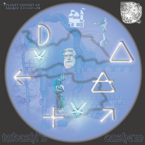 Text: "Planet Odyssey 64", "takeshi's", "cashew". 

Eine Illustration mit nebligen, geometrischen Formen und Statuen.