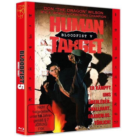 Text: "HUMAN TARGET", "BLOODFIST V", "Er kämpft ums Überleben.", "Knallhart. Gnadenlos. Tödlich!", "Nicht freigegeben unter 18 Jahren". Darunter ein kämpfender Mann in Aktion. 