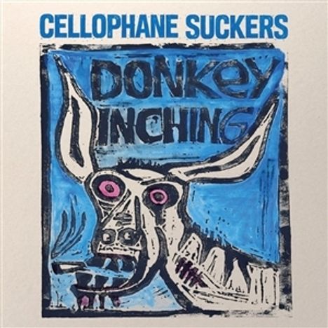 Text: "CELLOPHANE SUCKERS" oben, "DONKEY INCHING" in der Mitte. Illustration: Abstrakter Esel, lebhafte Farben.