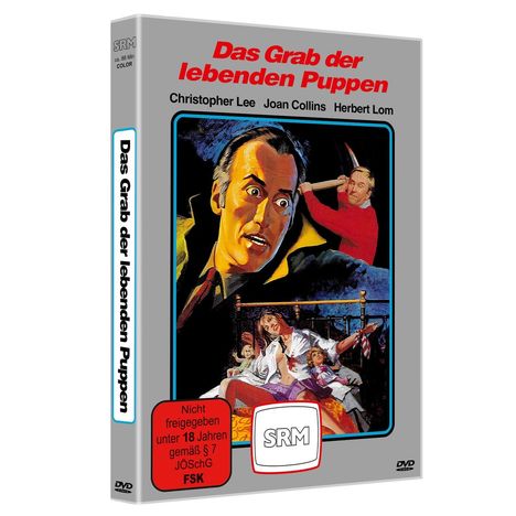 „Das Grab der lebenden Puppen“: DVD-Cover, Illustration von erschrockenem Mann mit roten Händen und gruseliger Szene im Bett.
