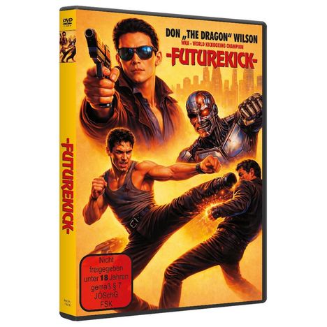 DVD-Cover. "Futurekick", "Nicht freigegeben unter 18 Jahren". Illustration: Mann mit Waffe, Cyborg, Kampfszene.