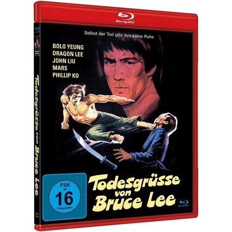 Text: "Selbst der Tod gibt ihm keine Ruhe", "Todesgrüße von Bruce Lee". Illustration zeigt Kämpferszene in dynamischer Pose.