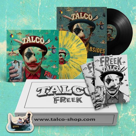 Texte: www.talco-shop.com, TALCO Freek, B-Sides. Vinylplatten, Comic und Box mit Clown-Thema.
