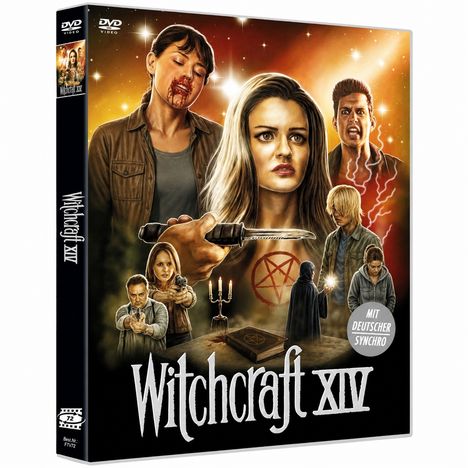 "Witchcraft XIV" und "Mit deutscher Synchro". Illustration: Personen, Messer, Pentagramm, Buch und Kerzenleuchter.