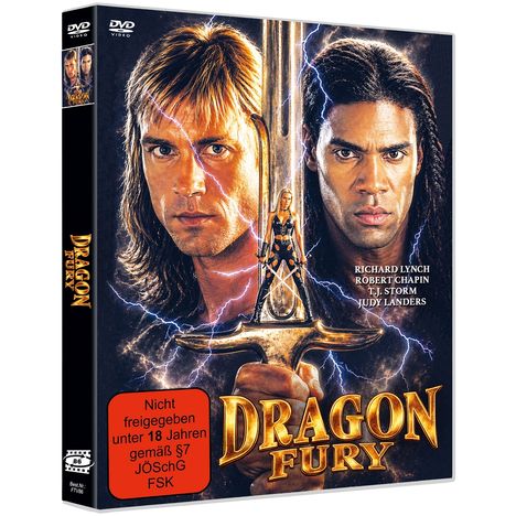 Roter Hinweis: "Nicht freigegeben unter 18 Jahren." Zwei Männer mit Schwert, Blitze im Hintergrund, Titel: "Dragon Fury".