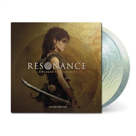 Texte: "RESONANCE", "A PLAGUE TALE LEGACY", "OLIVIER DERIVIERE". Illustration: Frau mit Schwert, antikes Ambiente.