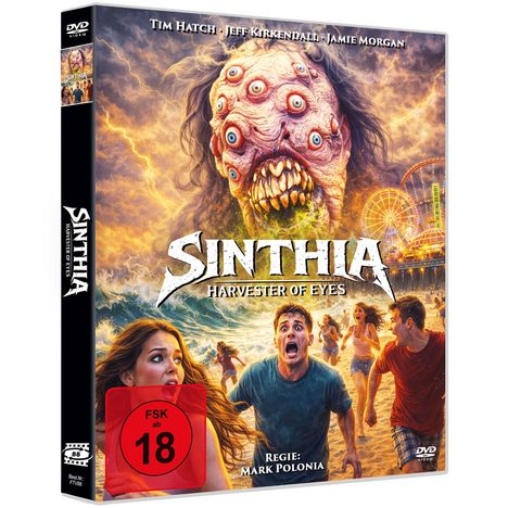 "SINTHIA HARVESTER OF EYES", FSK ab 18, Regie: Mark Polonia. Ein riesiges Monster mit vielen Augen bedroht Menschen am Strand.