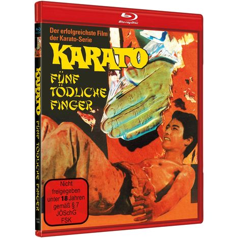 "Karato: Fünf tödliche Finger". Illustration eines Mannes in Kampfszene mit großer grüner Hand. Nicht freigegeben unter 18.