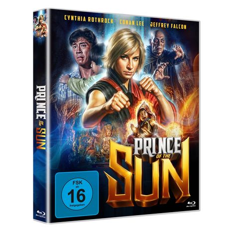 "Prince of the Sun". Cynthia Rothrock, Conan Lee, Jeffrey Falcon. Illustration: Drei Kämpfer in Action-Pose. FSK 16.