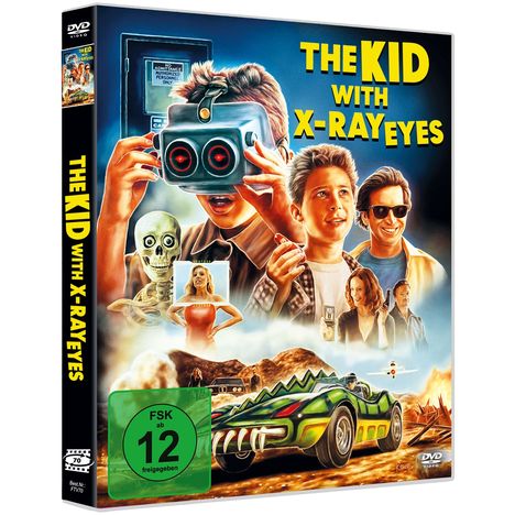 Text: "The Kid with X-Ray Eyes", "FSK ab 12 freigegeben". Illustration eines Jungen mit X-Ray-Brille, Skelett und futuristischem Auto.