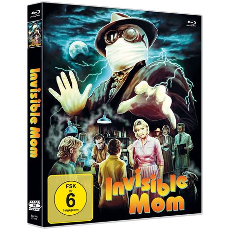 "FSK ab 6 freigegeben", "Invisible Mom". Illustration eines Mannes mit Verbänden, Hut und Brille, von Blitzen umgeben.