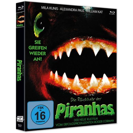 Text: "Sie greifen wieder an! Die Rückkehr der Piranhas." Darunter ein bedrohlicher Fisch mit großen Zähnen.