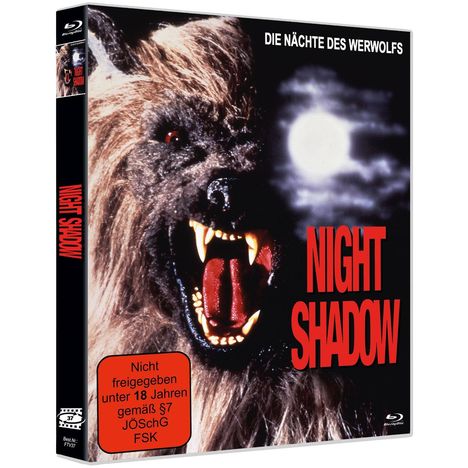 Text: "Die Nächte des Werwolfs", "Night Shadow", "Nicht freigegeben unter 18 Jahren". Ein Werwolf mit leuchtenden Augen und gefletschten Zähnen vor einem Mond.