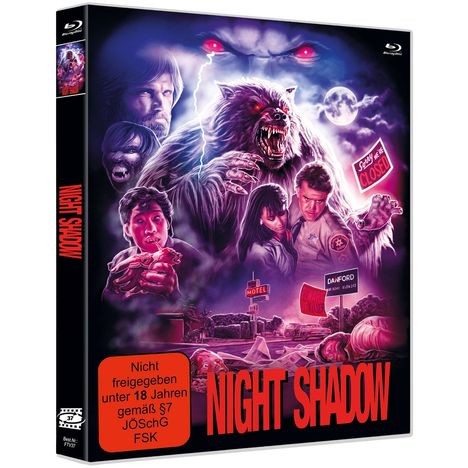 Es steht "Nicht freigegeben unter 18 Jahren gemäß §7 JÖSchG FSK" und "Night Shadow". Gruselige Illustration mit Werwolf.