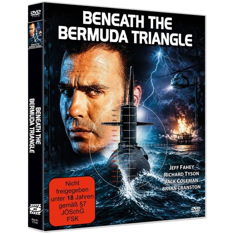"BENEATH THE BERMUDA TRIANGLE." Darunter: "Nicht freigegeben unter 18 Jahren gemäß §7 JÖSchG FSK." Mann, U-Boot, Sturm.