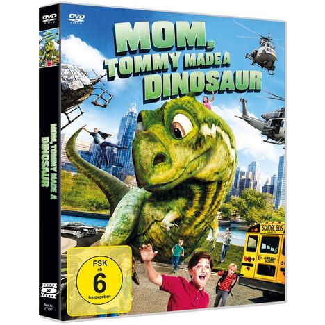 Ein großes Cartoon-Dinosaurier auf einer Stadtstraße, während Kinder und Helikopter um ihn herum sind.