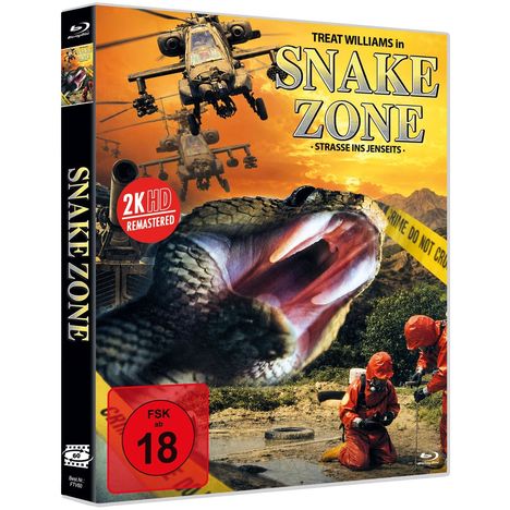 „2K HD Remastered“, „FSK ab 18“. Ein großer, offener Schlangenkopf; Hubschrauber über einer Landschaft.