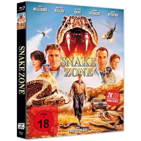 DVD-Hülle mit "SNAKE ZONE" und FSK 18. Oben Schauspielernamen. Riesige Schlange im Hintergrund, Menschen und Fahrzeuge vorn.
