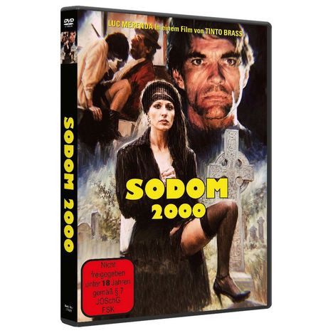 "SODOM 2000" in gelber Schrift, „Nicht freigegeben unter 18 Jahren...“ in rotem Feld. Frau sitzt vor einem Kreuz.