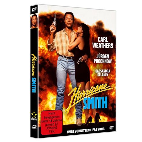 "Hurricane Smith" in gelb und blau. Uncut DVD. Zwei Personen mit Pistolen vor Flammenhintergrund.