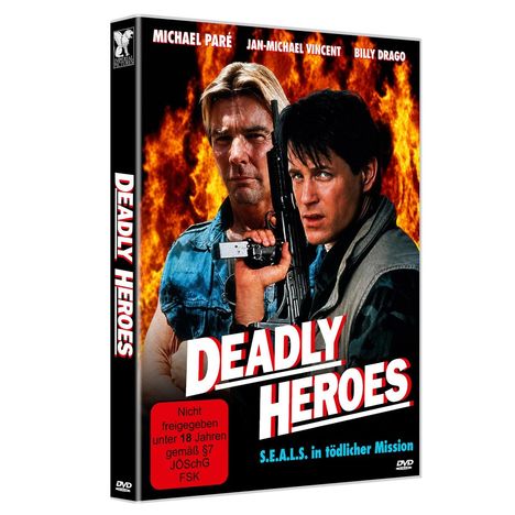 "DEADLY HEROES", "Nicht freigegeben unter 18 Jahren", "S.E.A.L.S. in tödlicher Mission". Zwei Männer mit Waffen vor Flammenhintergrund.
