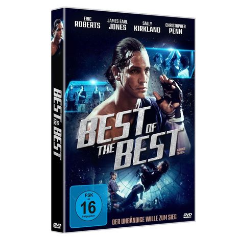 "Best of the Best", Namen von Eric Roberts, James Earl Jones, Sally Kirkland, Christopher Penn. Kämpfender Mann mit Hand.