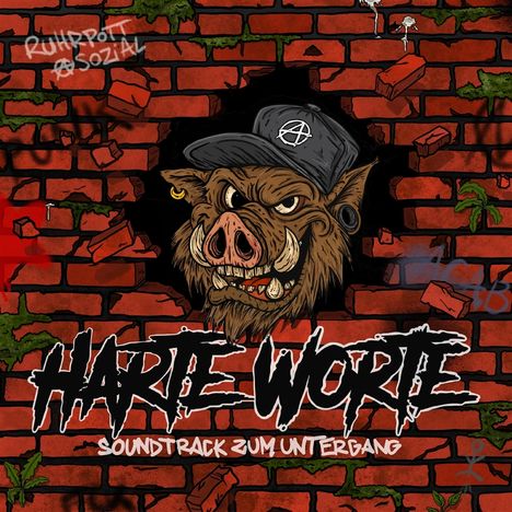 „HARTE WORTE“ und „SOUNDTRACK ZUM UNTERGANG“ stehen auf einer roten Ziegelmauer mit einem wilden Wildschwein.