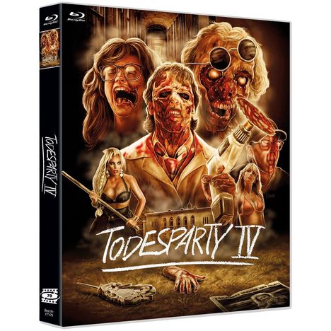 "TODESPARTY IV" in weißer Schrift, blutiger Horror mit Zombies, Frau mit Waffe, Bohrer, gruselige Gesichter in dunklem Ambiente.