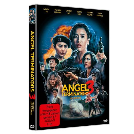DVD-Hülle von "Angel Terminators 3". Rotes FSK-18-Siegel. Gezeichnete Figuren mit Waffen und Explosion im Hintergrund.