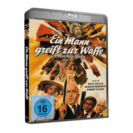 "Ein Mann greift zur Waffe. GNADENLOS GEJAGT. Telly Savalas, Burgess Meredith, Robert Vaughn. FSK ab 16." Dynamische Szene.