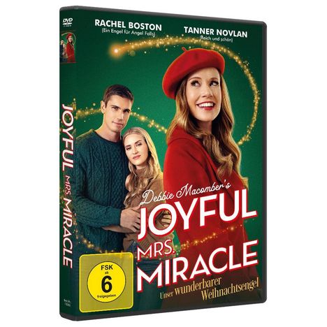 Text: "Joyful Mrs. Miracle", "Unser wunderbarer Weihnachtsengel", "FSK 6". Drei Personen lächeln, weihnachtlicher Hintergrund.