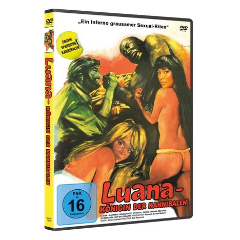 Text: "Luana - Königin der Kannibalen", "Ein Inferno grausamer Sexual-Riten", "FSK ab 16 freigegeben". Gemälde zeigt Menschen in dramatischer Szene.