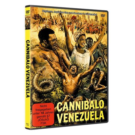 Text: "CANNIBALO VENEZUELA", "Nicht freigegeben unter 18 Jahren", "Rhythmus, tropischer Sex und Abenteuer in Südamerika".   
Illustration: Menschen im Dschungel.