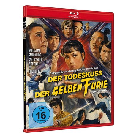 „Der Todeskuss der gelben Furie“ steht groß in gelben Buchstaben. Illustrationsstil: Gesichter und Kampfszenen.