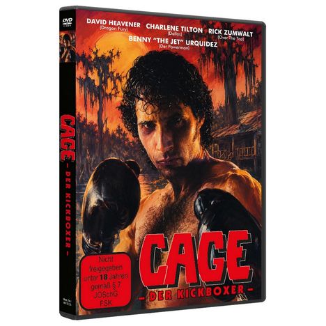 DVD-Cover: "CAGE - DER KICKBOXER". Oben Darstellernamen, Warnhinweis: "Nicht freigegeben unter 18 Jahren". Ein Mann in Boxpose.