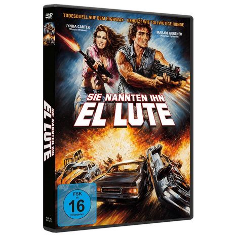 DVD-Cover mit dem Titel "Sie nannten ihn El Lute". Explosion, Autos und bewaffnete Figuren im Hintergrund. FSK 16.