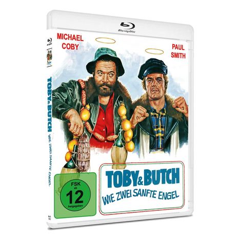 „TOBY & BUTCH – WIE ZWEI SANFTE ENGEL“, FSK 12. Illustration mit zwei Männern in Hüten und Mänteln, heiligenscheinartige Kreise.