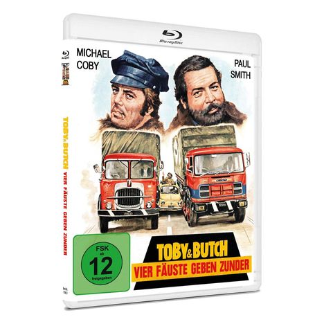 „Toby & Butch: Vier Fäuste geben Zunder“. Zwei Männer über zwei Lastwagen. FSK 12 Logo in Grün.