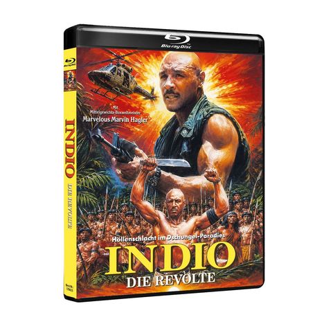 „INDIO DIE REVOLTE“, „Höllenschlacht im Dschungel-Paradies“. Illustration eines Mannes mit Machete, Helikopter im Hintergrund.