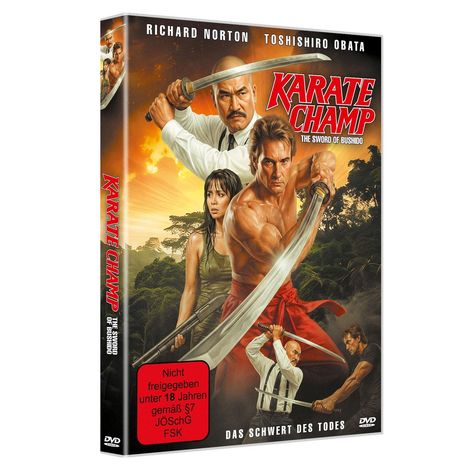 "Karate Champ: The Sword of Bushido." Personen mit Schwertern vor einem tropischen Hintergrund, Artwork-Stil.