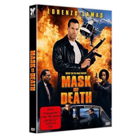 "Gefahr hat ein neues Gesicht. MASK OF DEATH." Ein Mann mit Waffe vor einer Explosion, Hubschrauber im Hintergrund.