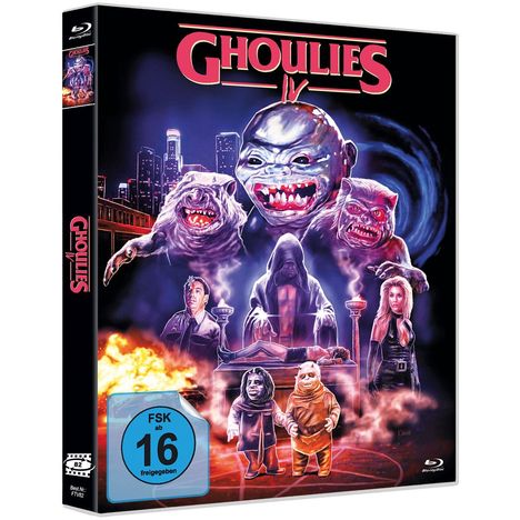 „GHOULIES IV“ steht in großen roten Buchstaben oben. Darunter furchterregende, monsterartige Kreaturen und Menschen in düsterer Umgebung.