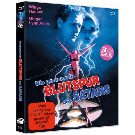 „Die grauenvolle BLUTSPUR des SATANS“ steht zentral. Zwei Gesichter im Hintergrund. Eine Figur mit erhobenen Armen im Vordergrund.