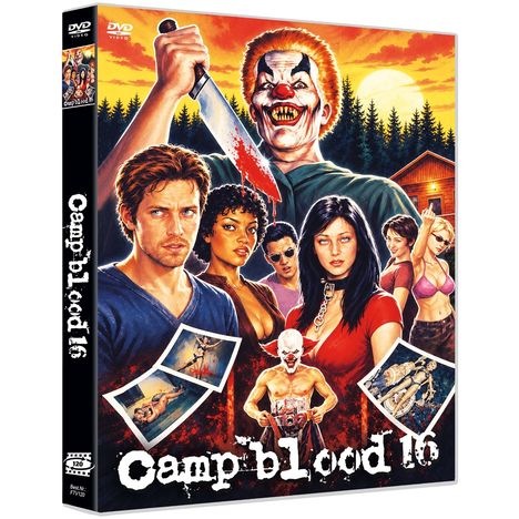 "Camp Blood 16" in auffälliger Schrift. Illustration: Killerclown mit Messer, umgeben von jungen Leuten und einer Hütte.